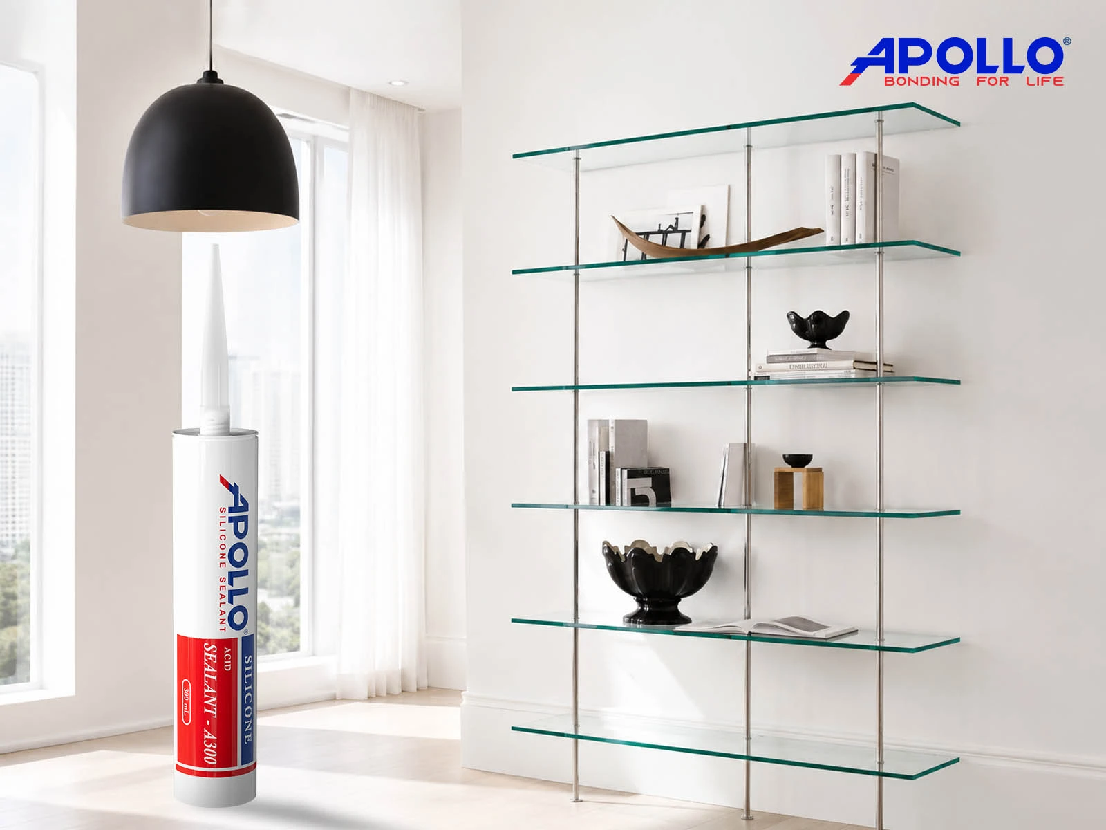 Keo dán kính Apollo Silicone Sealant A300 gắn kết mọi chi tiết kệ kính trưng bày cao cấp
